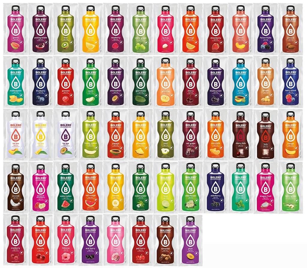Auf diesem Produktbild findet ihr alle 56 Sorten, in denen es das Bolero-Getränkepulver derzeit gibt (Foto: Amazon).