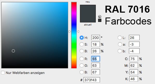 Farbcodes in RGB, CMYK und LAB sowie Alternativen zu RAL 7016