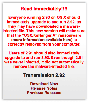 Ransomware OSX.KeRanger.A: Transmission hat gehandelt.