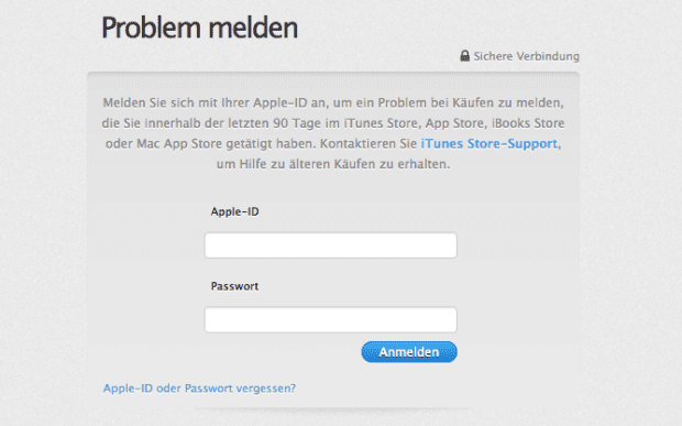 Schritt 1: Wenn ihr eine App, einen Film oder ein anderes im App Store oder bei iTunes gekauftes Medium "zurückgeben" wollt, dann geht das recht einfach. Der erste Schritt ist die Anmeldung bei Apples Subdomain: reportaproblem.apple.com.