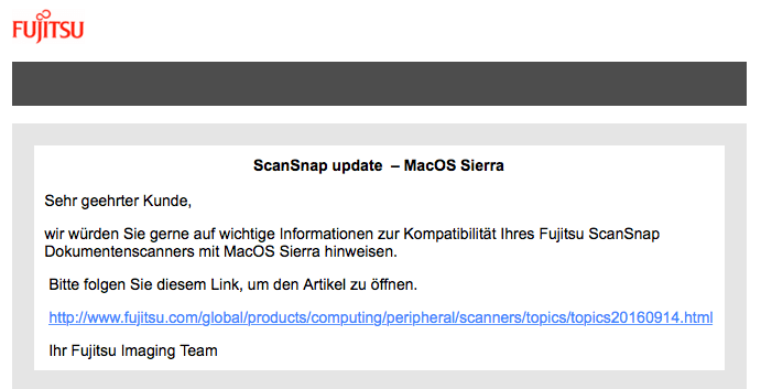 Fujitsu ScanSnap Mail vom 10.10.2016 – Updates für macOS Sierra sind für die wichtigsten Scanner verfügbar