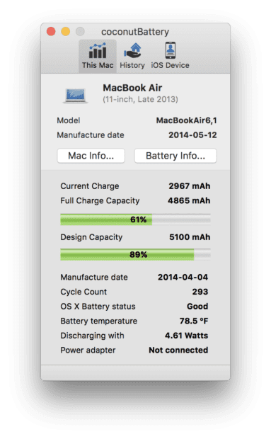 Die macOS App Coconut Battery zeigt etliche Werte an, aus denen man die Restlaufzeit des MacBooks auslesen kann. (Bild: coconut-flavour.com)
