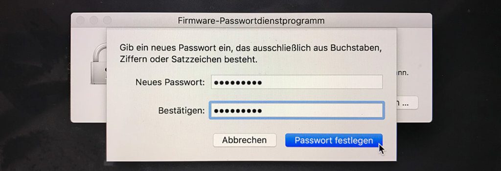Passwort für den Mac: Firmware Password für macOS Sierra aus Buchstaben, Ziffern und Satzzeichen.