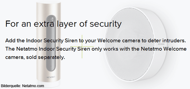 Die Netatmo Innenraumsirene kann mit der seperat verkauften Welcome Kamera des Herstellers verwendet sowie ins Smart Home (per HomeKit) eingebunden werden.