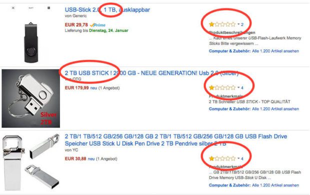 Bei diesen USB Sticks mit 1TB bzw. 2 TB Kapazität handelt es sich mit großer Sicherheit um Fakes. Für die Preise bekommt man kaum gute 64 GB Stick und die schlechten Kundenbewertungen zeigen deutlich, was hier Sache ist (Screenshot: Amazon).