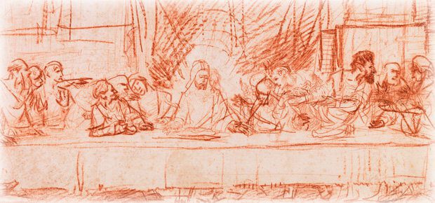 Leonardo da Vincis Abendmahl, skizziert von Rembrandt (Auszug). Wo ich das Bild lizenzfrei und kostenlos für diesen Blog bekommen habe, erfahrt ihr in diesem Ratgeber ;)