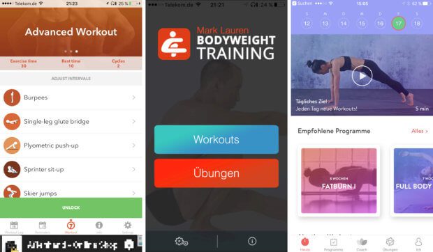 Meine Fitness-Apps im Vergleich: Links eine generische 7-Minuten-Fitness-App (die sind alle irgendwie gleich), in der Mitte die BodyWeight App von Mark Lauren und rechts die Asana Rebel Yoga App.