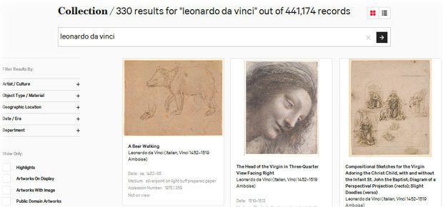 Die Suche beim Metropolitan Museum of Art ergibt 330 Treffer auf der Suche nach da Vinci, aber auch Studien seiner Werke (s. o.) sind dabei. Insgesamt bekommt ihr mehr als 441.000 Kunstwerke und Bilder / Fotos von Kunst unter CC0 Lizenz!