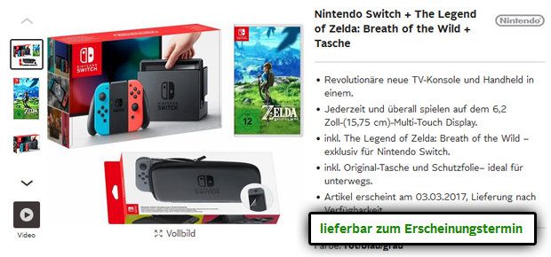 Gefunden bei OTTO.de: Nintendo Switch, The Legend of Zelda - Breath of the Wild, Schutztasche und Schutzfolie für den Handheld - alles im Bundle für den üblichen Preis und lieferbar zum Release am 3. März 2017.