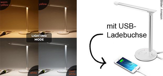 Die TaoTronics LED Schreibtischlampe TT-DL 13 mit dimmbarem Licht in verschiedenen Farben und mit USB Anschluss zum Laden von Geräten gibt's u. a. bei Amazon.