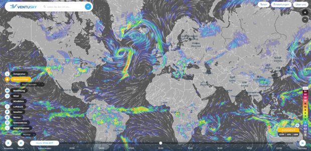 Ventusky Screenshot vom stationären Rechner - ihr seht die Visualisierung des Wetters mit vielen Details und für die ganze Welt. (Klicken zum Vergrößern)