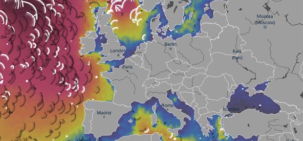 Die Wellen der Europa umgebenden Meere auf der Wetterkarte von Ventusky. Vizualisation of Weather 2017 - weather to share as map on facebook and twitter