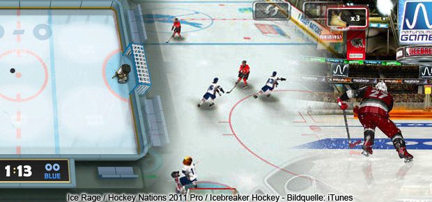 Drei der fünf hier aufgelisteten Hockey- und Eishockey-Spiele für iPhone und iPad als Screenshot. 