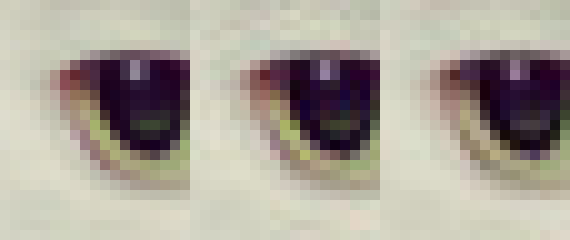 Das zweite Beispielbild im Blogeintrag des Research Teams von Google: 20 x 24 Pixel Grafik, die das Auge einer Katze zeigt. Nicht komprimiert (links), libjpeg komprimiert (Mitte, viele Artefakte), und per Guetzli komprimiert (rechts, weniger Artefakte).