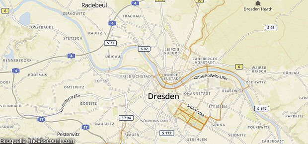 Die Movescount Sport Heatmap für den Raum Dresden. Hier sieht man schön die Laufstrecken, Joggingrouten, Radlerwege und Inlinekurse rund um Elbe, Großer Garten und Dresdner Heide.