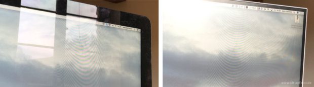 Ein Vergleich, der ein bisschen praxisfern ist, aber die Antireflex-Eigenschaften des Eizo gut zeigt: Links das Glossy-Display des iMac und rechts das matte Display des Eizo FlexScan. Die Muster sind durch die Fotografie mit dem iPhone entstanden und sind in de Realität nicht für das Auge sichtbar.