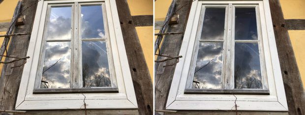 Auch bei den Fotos von einem Fenster sieht man, wie der Polarisationsfilter rechts einen Teil der Spiegelungen schluckt und den dunklen Raum dahinter frei gibt.