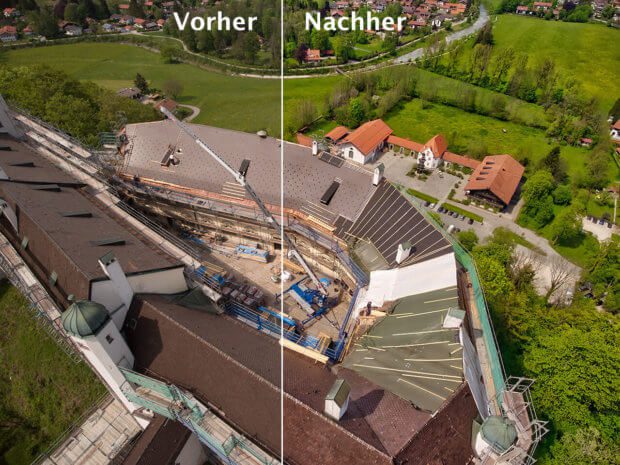 Noch eine Luftaufnahme, die mit der DJI Phantom 4 vom Schloss Hohenaschau gemacht wurde. Links ist das Original und rechts die automatisch verbesserte Version (Foto: Sir Apfelot)..