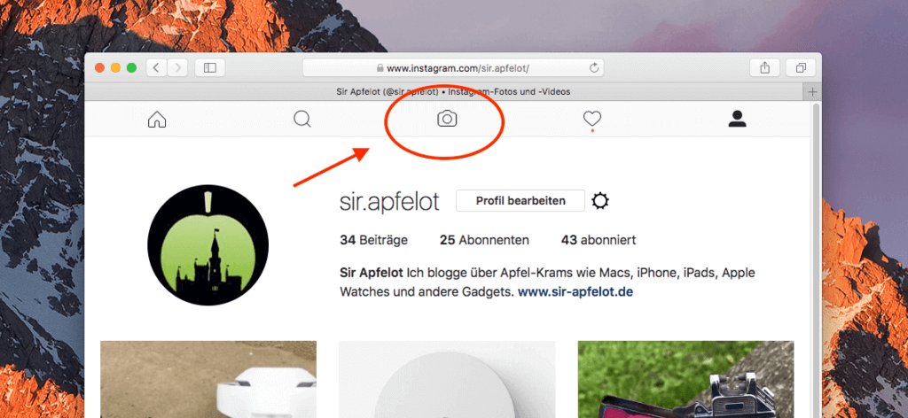 Hier der Beweis: Instagram gibt mir am Mac unter macOS Sierra den Foto-Button in dem Menü, den man sonst nicht sieht, wenn man mit einem Browser auf instagram.com in sein Profil geht.
