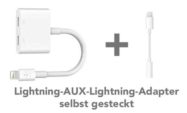 Funktioniert zuverlässig, aber leider teuer: ein selbst gebauter Lightning-AUX-Lightning-Adapter aus einem Belkin RockStar und dem Apple Lightning-Adapter.