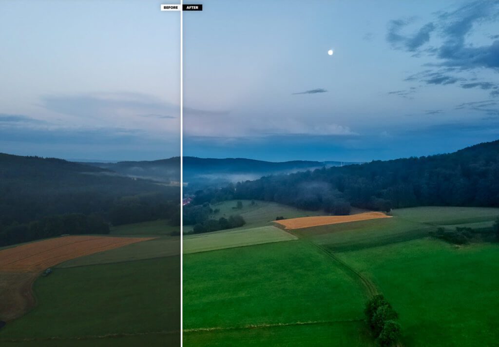 Auch bei wenig Licht – hier sieht man den Mond am Himmel – lassen sich mit der Spark passable Fotos schießen. Durch die Optimierung mit Photolemur bekommt das Foto noch mehr Farbe und Stimmung.