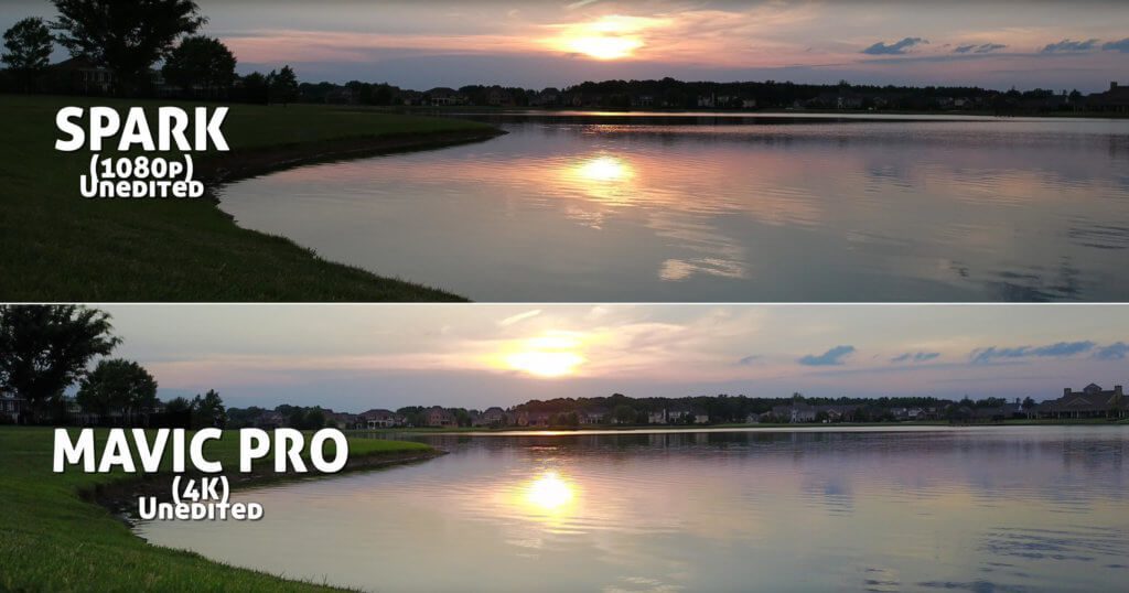 Videovergleich im Sonnenuntergang: in den linken Bereichen (bei der Wiese) und bei den Häusern im Hintergrund sieht man ganz klar, dass die Mavic Pro besser mit der Kontrast-Situation klar kommt.
