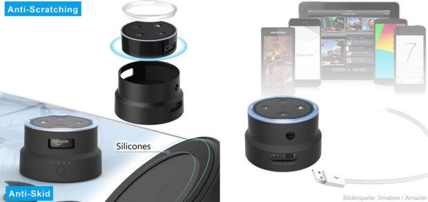 Der Smatree SmaCup ist Powerbank und Case für den Amazon Echo Dot in einem. Die Akkuhülle für den Lautsprecher mit Alexa und Audio-Apps sorgt für bis zu 13 Stunden mobilen Strom.