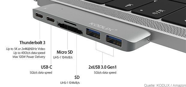 Der KODLIX USB-C Hub für das Apple MacBook Pro 2016 / 2017 bringt im Vergleich zum Satechi Dongle zwar einen niedrigeren Preis, aber keinen HDMI-Anschluss mit.
