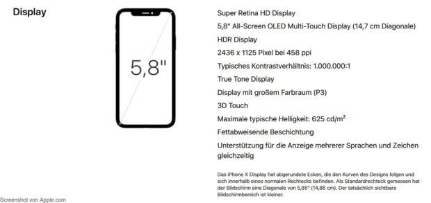 Informationen und Daten zum iPhone X Display mit OLED-Technologie und 5,8 Zoll Diagonale. Das erste Super Retina HD Display von Apple.