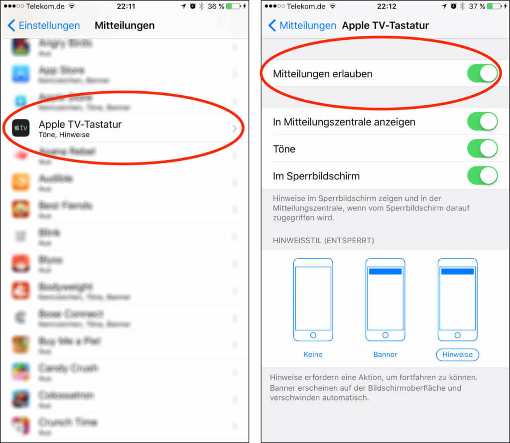 Über die EInstellungen lassen sich die Mitteilungen unterdrücken, die der Apple TV an die Apple-TV-Remote-App auf den iOS Geräten schickt.