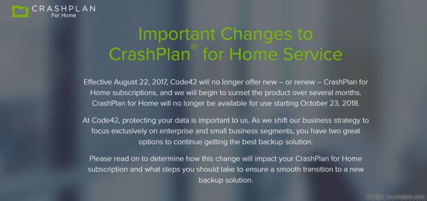 Die Nachricht des Backup-Anbieters für alle, die Interesse an der Home-Lösung haben. Eine CrashPlan-Alternative wird zwar aufgezeigt, für Apple User ist Backblaze aber brauchbarer. (Screenshot von CrashPlan.com)