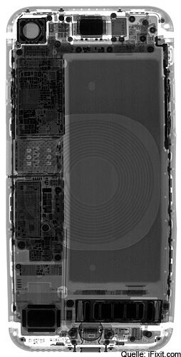 Röntgenaufnahme des Apple-Smartphones iPhone 8 - deutlich zu sehen ist die Induktionsspule fürs kabellose Laden mit Qi-Standard.