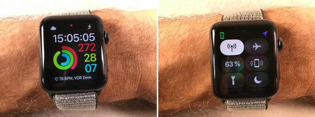 Die Apple Watch vor dem LTE-Test: 63% Akku-Ladung und noch mit dem iPhone verbunden, das aber beim Joggen zuhause blieb.