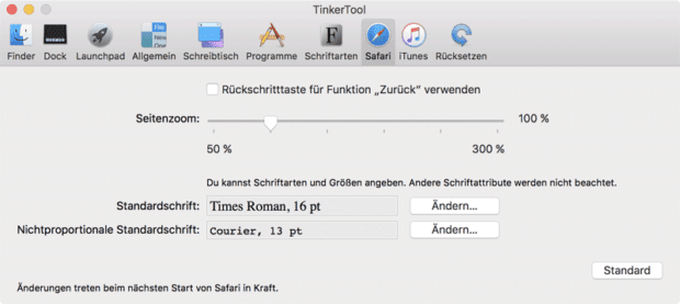 Einstellungen in macOS mit TinkerTool - hier seht ihr, was ihr am Safari-<a class=