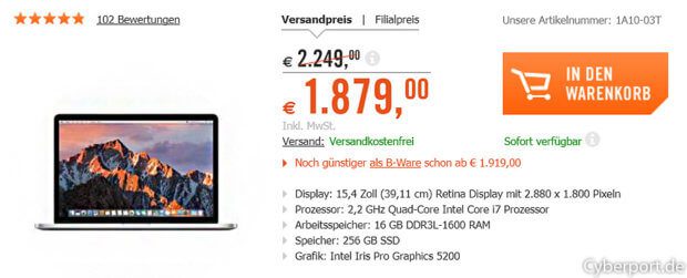 Die dieswöchigen Cyberport CYBERDEALS (16. bis 22. November 2017) bringen euch unter anderem dieses Apple MacBook Pro 15,4" (Mid 2015) zum vergleichsweise kleinen Preis.