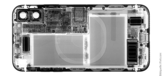 Das Röntgenbild zeigt die zwei Akku-Zellen des Apple iPhone X, die Kameras, mehrere Chips und Platinen sowie die Spule für kabelloses Laden.