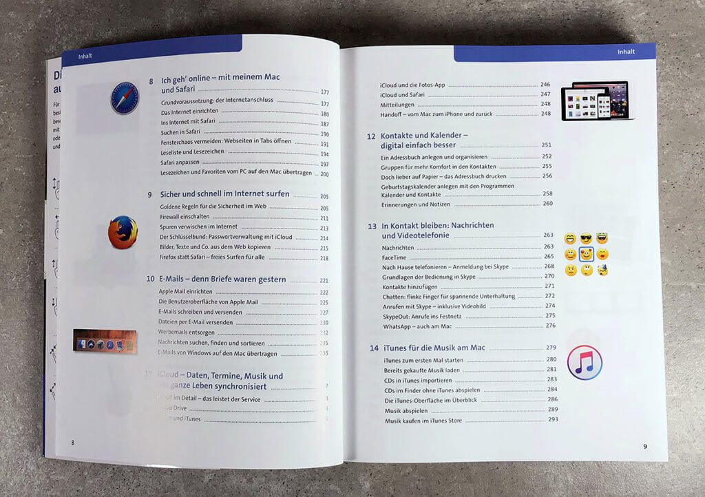 Am Inhaltsverzeichnis sieht man schon, wie umfassend das Buch über das Thema macOS, Einstellungen und das Arbeiten mit Programmen informiert.