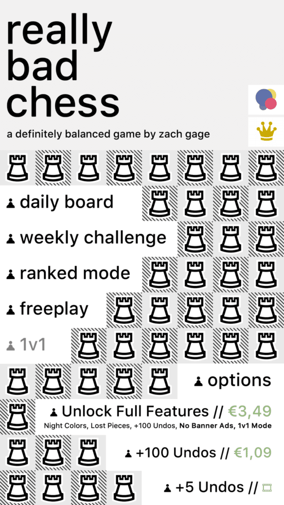 Das Menü von Really Bad Chess bietet oben diverse Spielmodi und unten die Möglichkeit, das Pro-Paket oder ein paar "Undos" zu kaufen oder per Werbefilm freizuschalten.