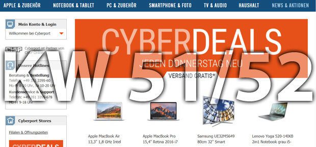 Die Cyberport Cyberdeals der Kalenderwoche 51/52 2017 bringen euch kurz vor Weihnachten Apple MacBook-Modelle günstiger sowie auch Fernseher, Festplatten, Bluetooth-Lautsprecher und mehr!