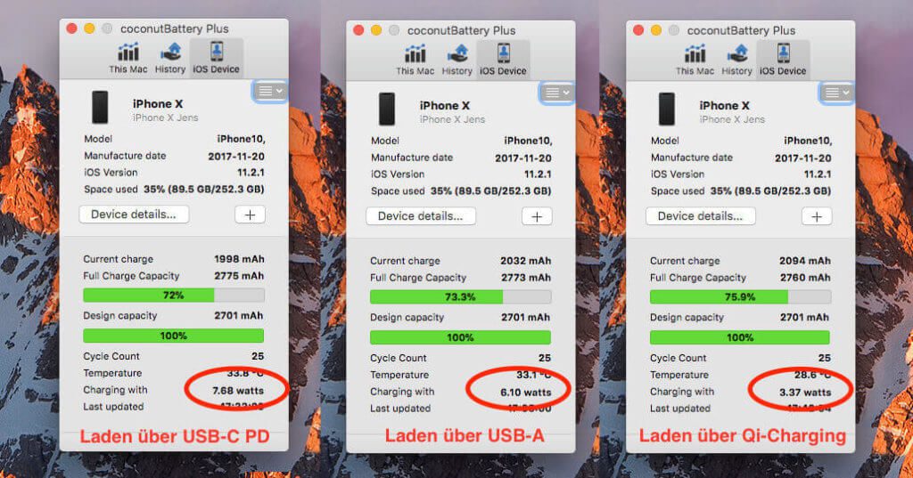 Laden des iPhone X über unterschiedliche Wege. Gemessen mit CoconutBattery: Links über den USB-C Port des tizi Turbolader mit USB Power Delivery, in der Mitte über den normalen USB-Port und rechts über meine Qi-Charging-Ladestation.