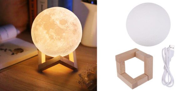 Mondlampe mit LED und Touchsteuerung: ideales Geschenk für Mondsüchtige und Sci-Fi-Fans. Der Holzständer ist im Lieferumfang inklusive.