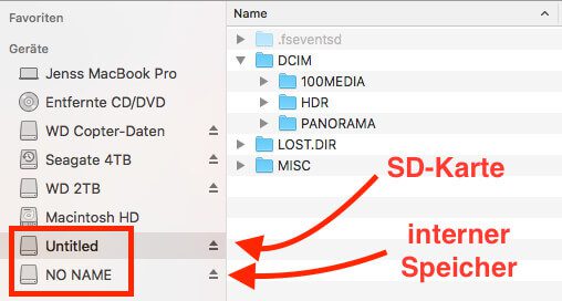 SD-Karte und interner Speicher erscheinen am Mac als zwei Laufwerke im Finder, wenn man die Drohne per USB-C-Kabel ansteckt.