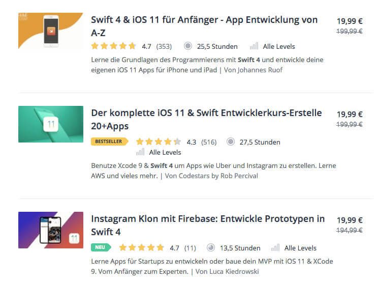 Eigentlich ist Udemy international, aber es gibt sogar zum Thema Swift zahlreiche deutsche Kurse, die die Programmierung für iPad, iPhone und Mac abdecken (Preise auf dem Screenshot können sich natürlich zwischenzeitlich verändert haben!).