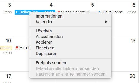 Durch einen Klick auf die rechte Maustaste ruft man in Apples Kalender App am Mac ein Kontextmenü auf, über das sich normalerweise Einträge kopieren und einsetzen lassen.
