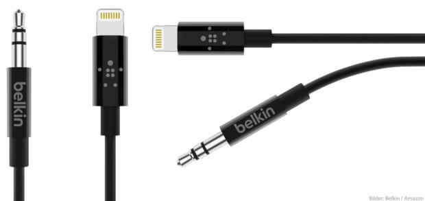 Das Belkin Lightning-Klinke-Kabel dient als Adapter für iPhone 7 bis X. Für den Anschluss von Kopfhörern braucht ihr eine Klinken-Doppelkupplung.