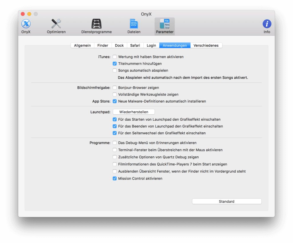 Die OnyX App von Titanium Software für Mac OS X und macOS hilft dabei, Konfigurationen vorzunehmen. 