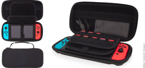 Die besonderen Merkmale der Nintendo Switch Tasche: stabile Hülle, Zubehör-Fach mit Reißverschluss, Platz für Analog-Sticks und Aussparungen für Schultertasten, Slots für 20 Spiele, Befestigung und Display-Schutz, rutschfester Tragegriff.