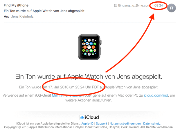 Wurde von eurem iPhone aus ein Signalton auf der Apple Watch abgespielt, erfahrt ihr dies per Mail (falls alle Geräte ebenfalls per iCloud verbunden sind).