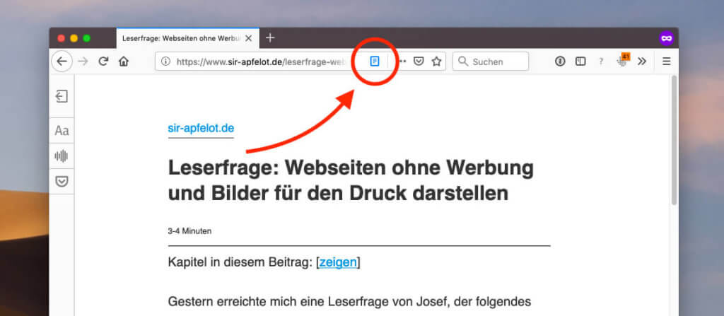 Der Lesemodus-Button ist im Firefox-Browser nach rechts gewandert. Funktioniert aber genauso gut wie vorher!