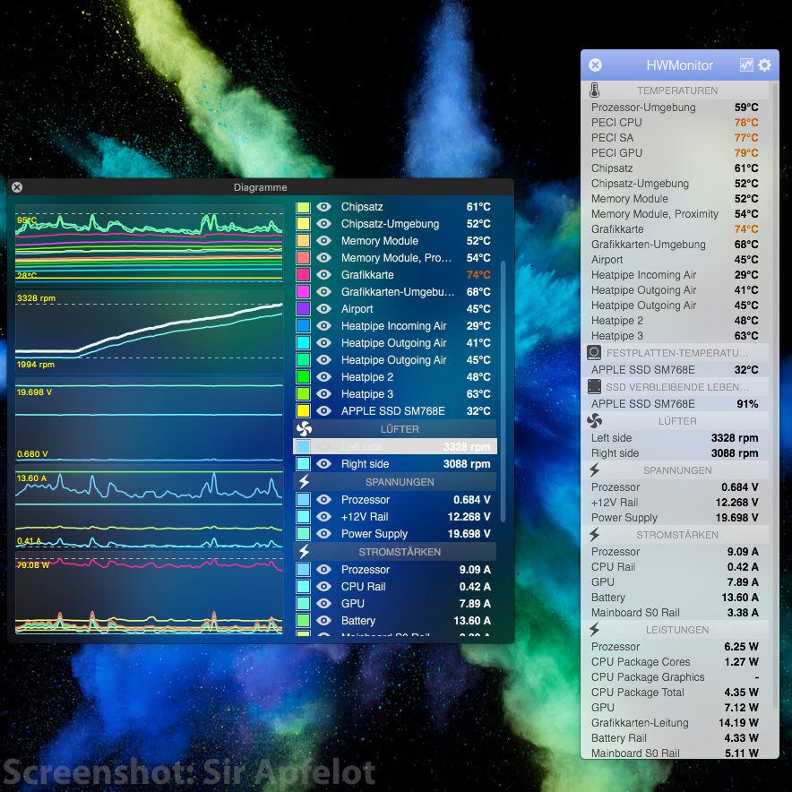 Die beiden HWMonitor Fenster mit Werte-Liste und Diagrammen, welche die ausgelesenen Angaben von Sensoren im Mac anzeigen. Details und den HWSensors Download findet ihr in diesem Test-Beitrag.